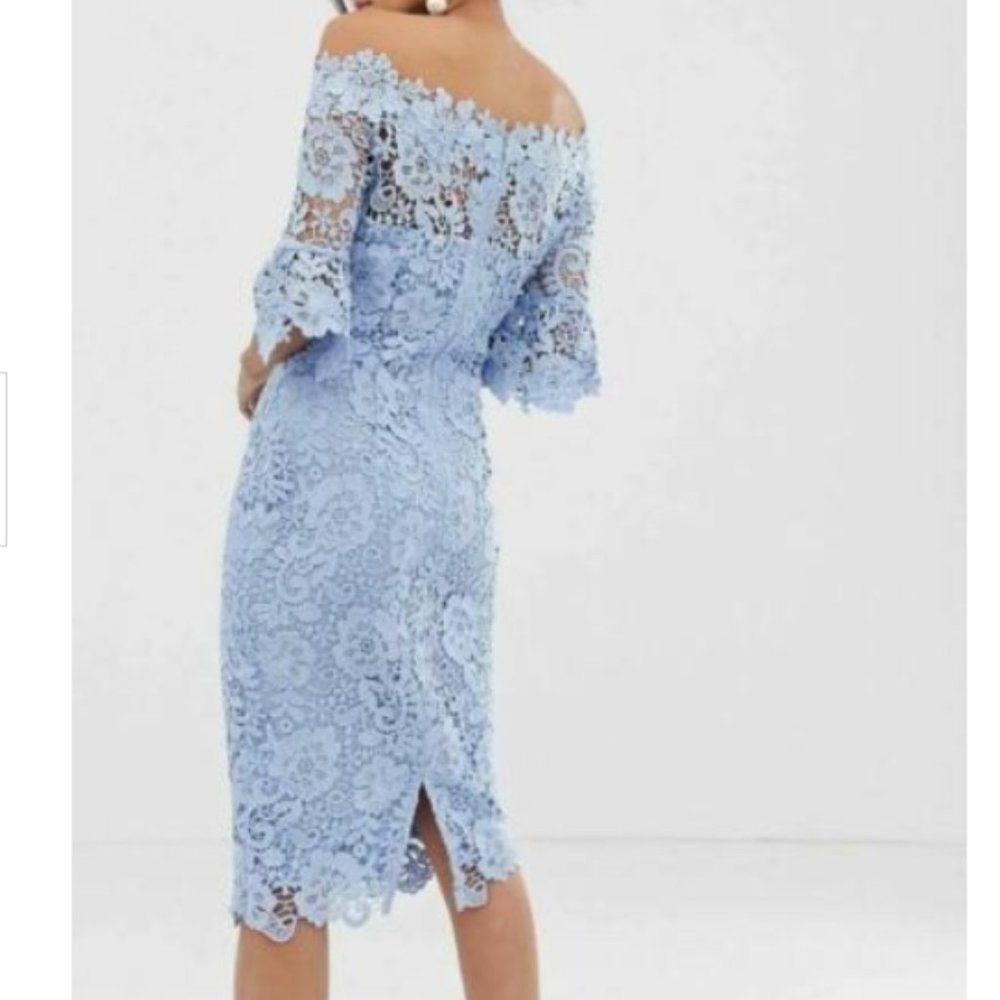paper doll Powder Blue Off-Shoulder Lace Midi Dress